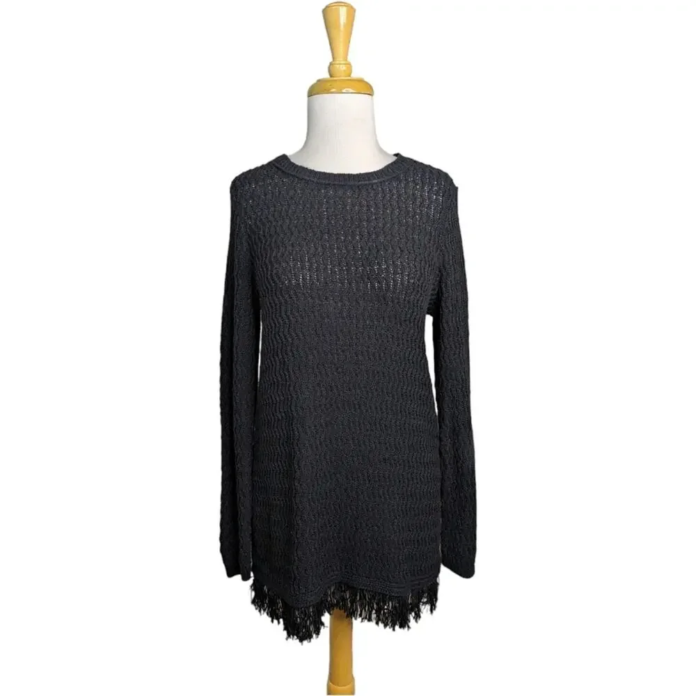 NEW J. Jill Fringe Tunic Sweater XS Black Knit Textured Pullover Cotton Blend